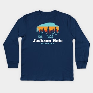 Jackson Hole Wyoming Bison Retro Grand Tetons Kids Long Sleeve T-Shirt